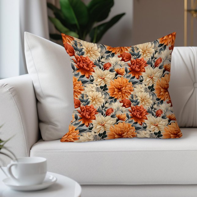 Elegante Orange Cream Aquamarin Kissen (Burnt orange and cream watercolor floral decorator pillow)