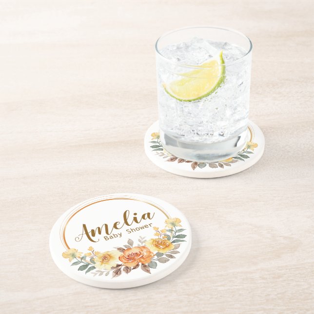 Elegante Orange Floral Baby Dusche Sandstone Coast Getränkeuntersetzer (Seite)