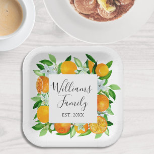 Elegante orange Früchte und Blumen Sommerblumen Pappteller