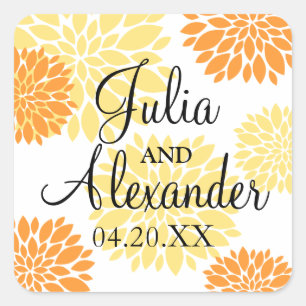Elegante Orange Light Yellow Floral Burst Wedding Quadratischer Aufkleber