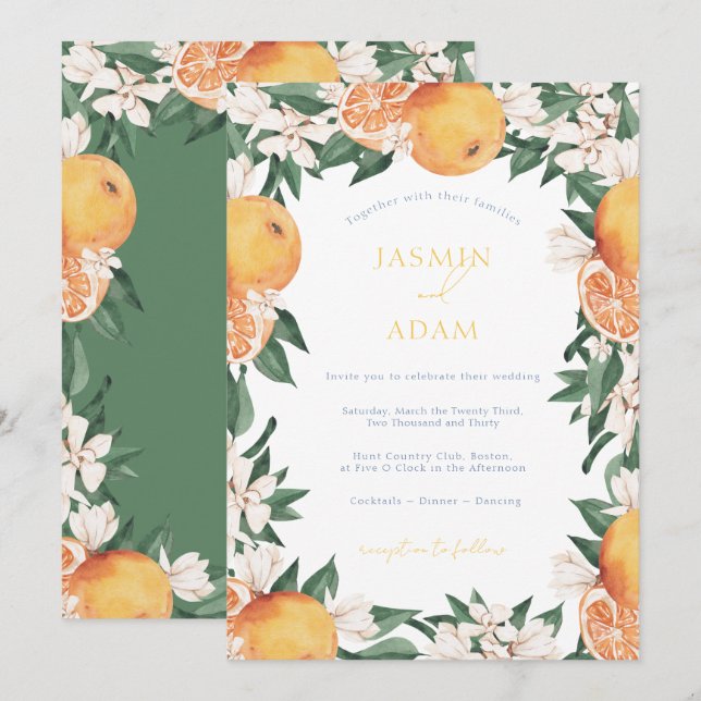 Elegante Orange Mediterranean Citrus Wedding Einladung (Vorne/Hinten)