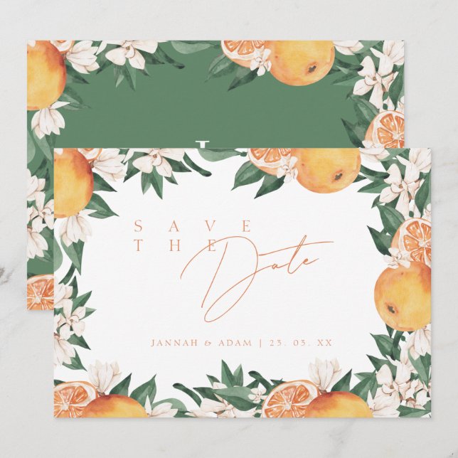 Elegante Orange Mediterranean Citrus Wedding Save The Date (Vorne/Hinten)