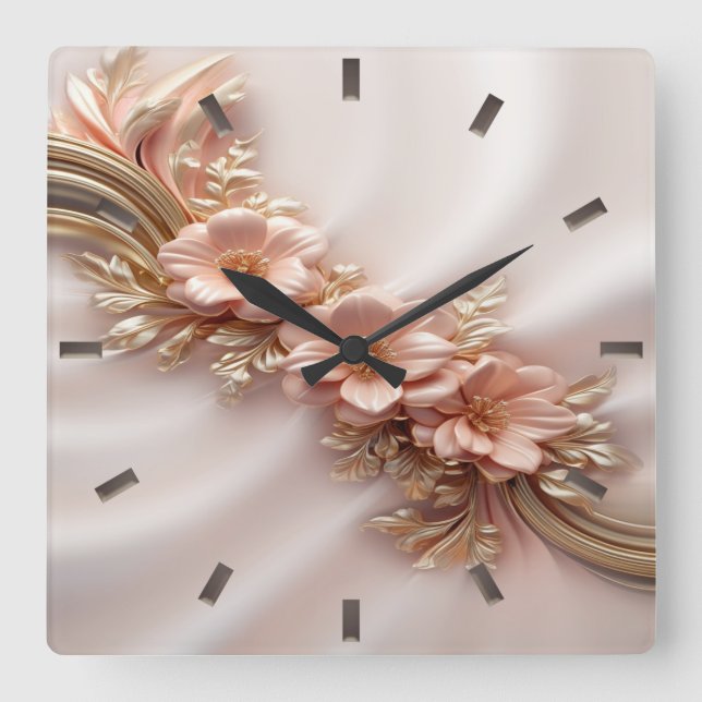 Elegante Orange Peach Floral Wall Clock Quadratische Wanduhr (Vorderseite)