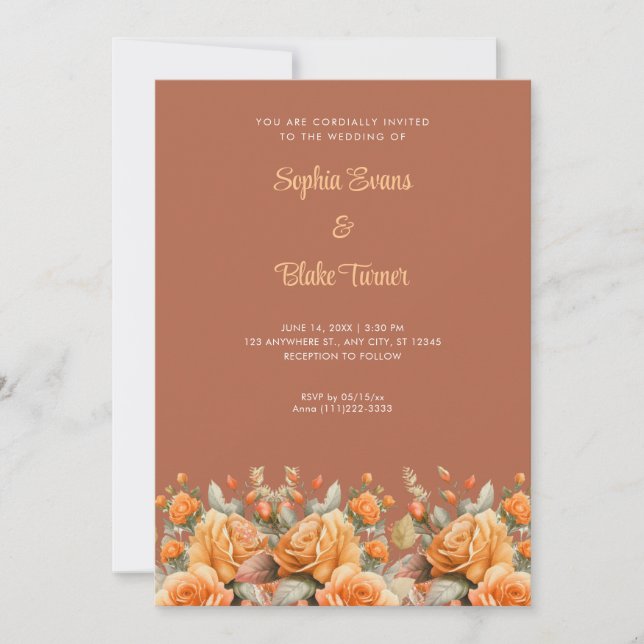 Elegante Orange Rose Garden Brown Wedding Einladung (Vorderseite)