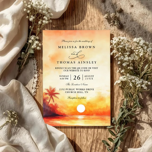Elegante Orange Stranduntergangs-QR-Code-Hochzeit Einladung (Von Creator hochgeladen)