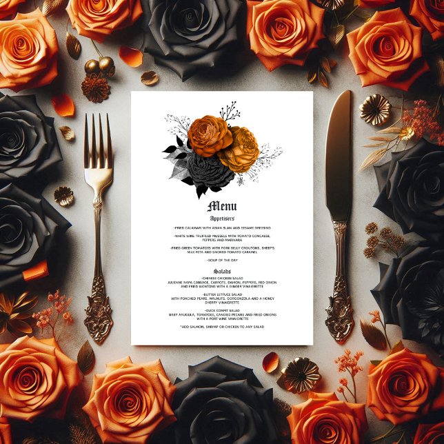 Elegante Orange- und Black Gothic-Hochzeit Menükarte (Elegant Orange and Black Gothic Wedding Menu)