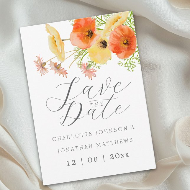Elegante Orange- und Gelbe Wildblumen-Hochzeit Save The Date (Elegant script watercolor wildflower yellow & orange floral wedding save the date invitation)