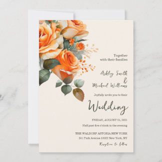 Elegante Orange- und Sage Watercolor Blumenhochzei Einladung