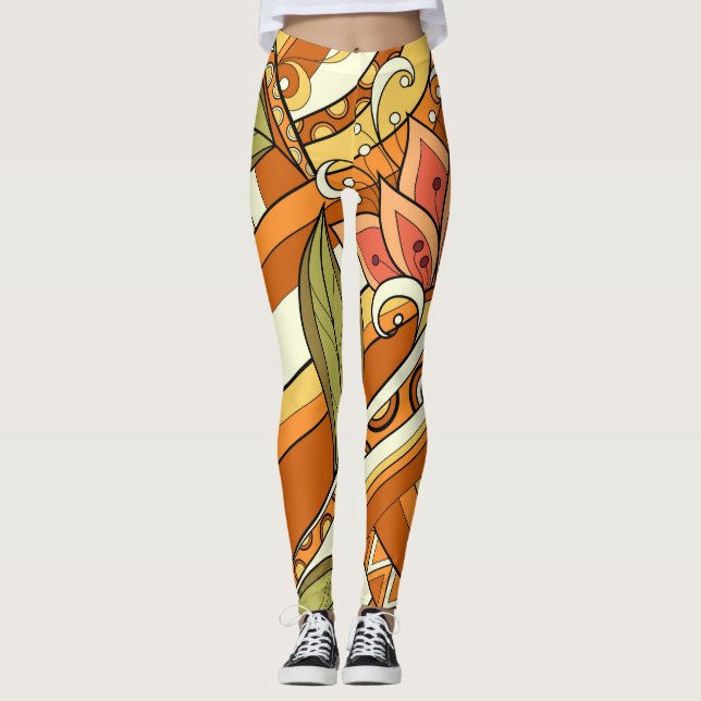 Elegante, orange weiße Blume und wirbeln Leggings (Vorderseite)