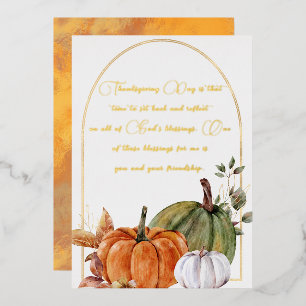 Elegante orange weiße grüne Kürbisse Gold Schrift Folien Feiertagskarte