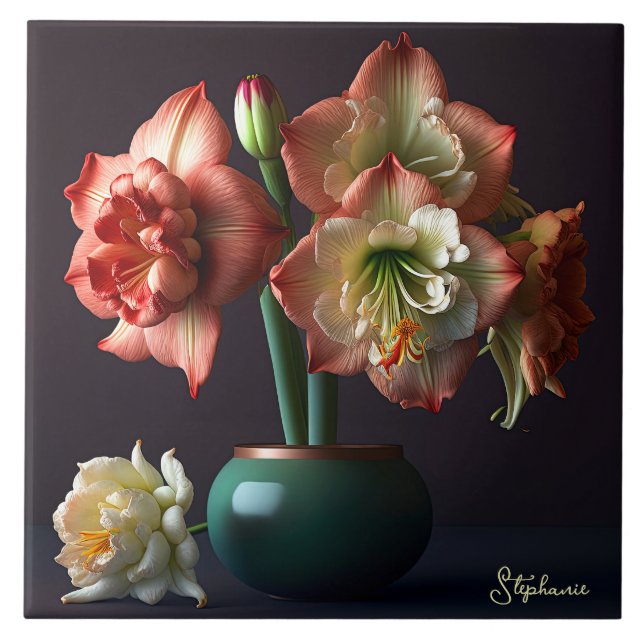 Elegante Orange White Amaryllis Blume Fliese (Vorderseite)