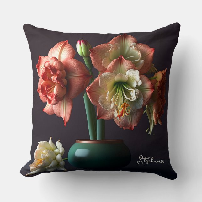 Elegante Orange White Amaryllis Blume Kissen (Vorderseite)