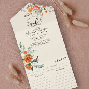 Elegante orangefarbene florale Brautparty & Rezept All In One Einladung