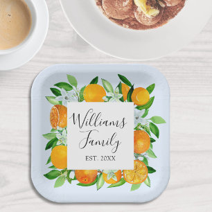 Elegante orangefarbene Früchte und Blumen Sommerbl Pappteller