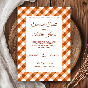 Elegante orangefarbene Gingham-Hochzeitseinladung Einladung