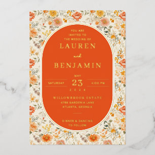 Elegante orangefarbene Hochzeitseinladung mit Blum Folieneinladung
