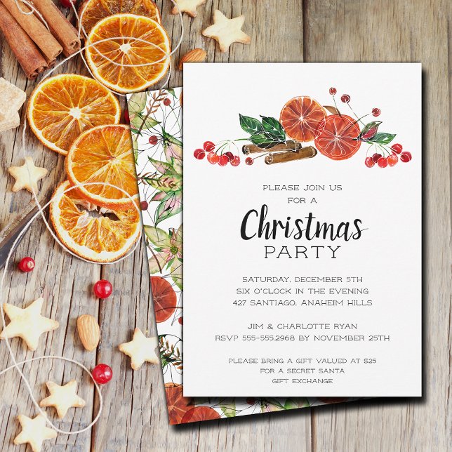 Elegante Orangefarbene Scheiben und Zimt Weihnacht Einladung (Orange slices, berries, cinnamon sticks Christmas invitations, PRINTED and/or INSTANT DOWNLOAD)