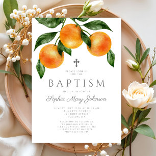 Elegante Orangen Botanisches Mädchen Taufkleid Einladung