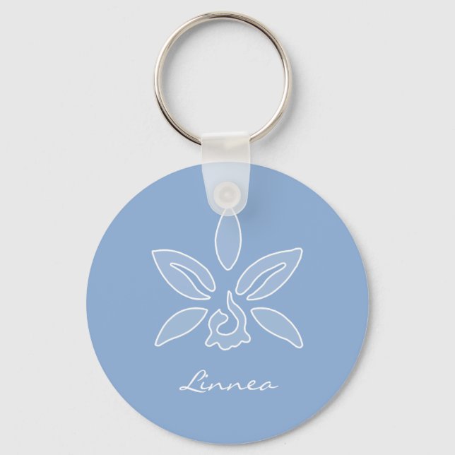Elegante Orchid Simple Powder Blue Blume mit Namen Schlüsselanhänger (Vorderseite)