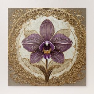 Elegante Orchidee in aufwendigem goldenem Rahmen Puzzle