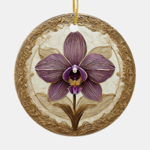 Elegante Orchidee in aufwendigem goldenen Rahmen Keramik Ornament