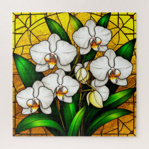 Elegante Orchideen in Buntglas weiß Puzzle