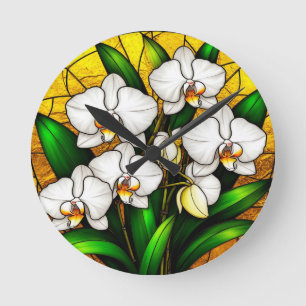 Elegante Orchideen in Buntglasoptik Runde Wanduhr