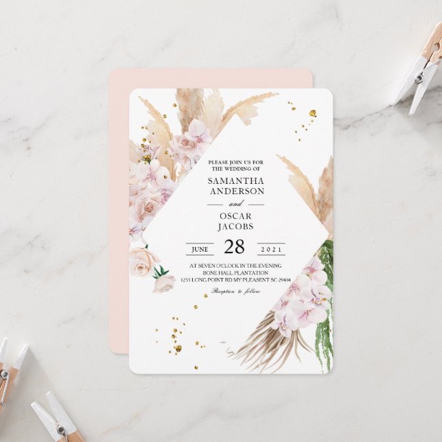 Elegante Orchideen & Pampas Schönheitsrahmen  Einladung (Vorderseite/Rückseite Beispiel)