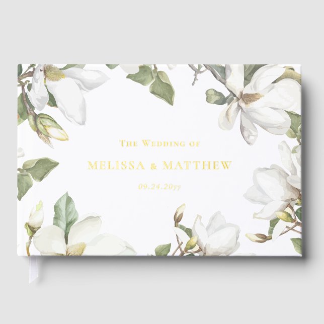 Elegante Oriental White Magnolia Wedding Gästebuch (Vorderseite)