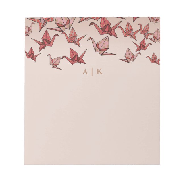 Elegante Origami Paper Crane Red Monogram Notizblock (Vorderseite)