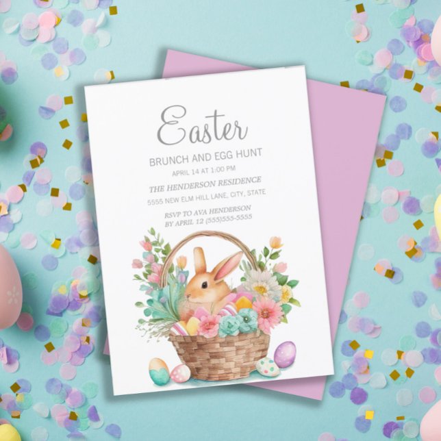 Elegante Ostern Basket Bunny Brunch Egg Hunt Einladung (Easter bunny in basket Easter greeting card.)