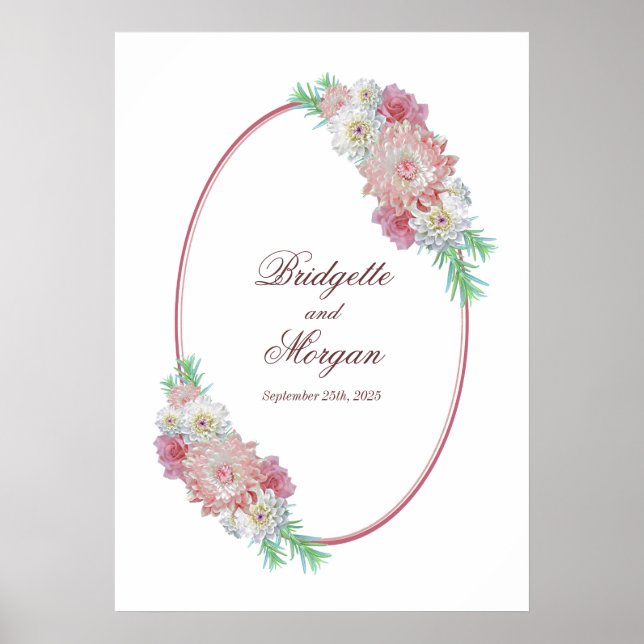 Elegante Oval Border Pink Floral Wedding Poster (Vorne)