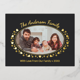 Elegante ovale Familienfoto mit Herz und Schneeflo Folien Feiertagspostkarte
