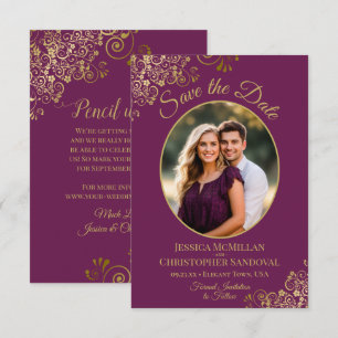 Elegante ovale Hochzeit mit Gold und Magenta-Purpl Save The Date
