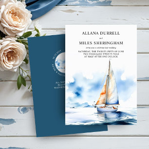 Elegante Ozean-Segelyacht Aquarell-Küstenhochzeit Einladung
