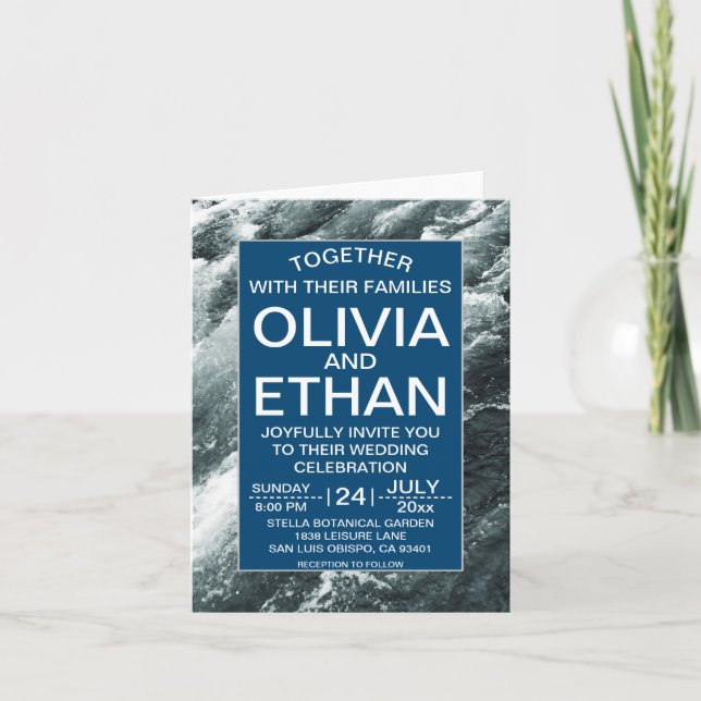Elegante ozeanblaue Wellen geklappt Hochzeitseinla Einladung (Vorderseite)