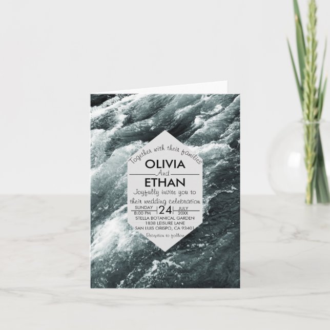Elegante ozeanblaue Wellen geklappt Hochzeitseinla Einladung (Vorderseite)