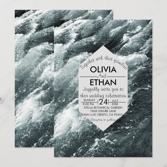 Elegante ozeanblaue Wellen Hochzeitsfeiern Einladung (Vorne/Hinten)