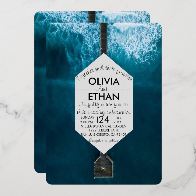 Elegante ozeanblaue Wellen Hochzeitsfoil Einladung (Vorderseite/Rückseite)