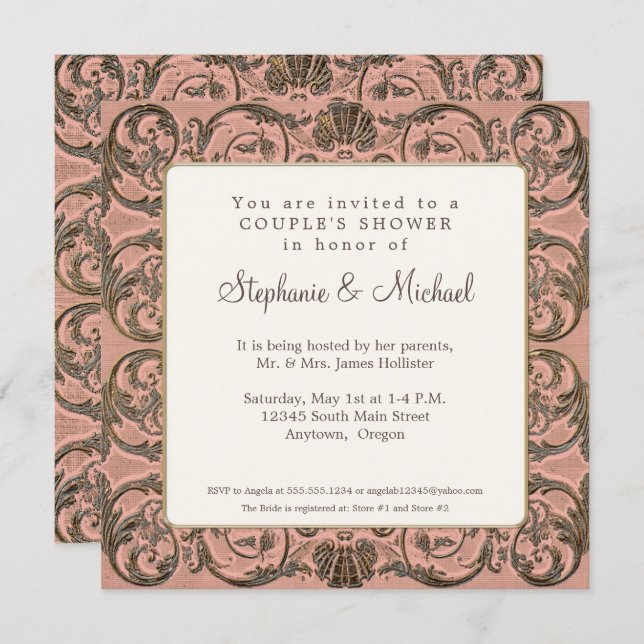 Elegante Paare Dusche Vintag Barock Blush Gold Einladung (Vorne/Hinten)