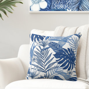 Elegante Palm Blätter Blaues, weißes Kissen