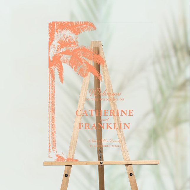 Elegante Palm Tree Tropical Wedding Willkommen Acrylschild (Vintage Boho Tropical Palm Photo Clear Acrylic Wedding Welcome Sign)