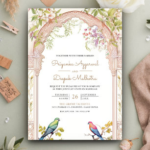 Elegante Papageien Florale Indische Bogen Hochzeit Einladung