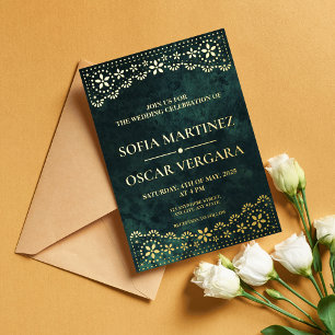 Elegante Papel-Picado-Hochzeit in Smaragdgrün Folieneinladung