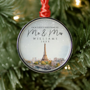 Elegante Pariser Skyline zum ersten Weihnachten al Ornament Aus Metall