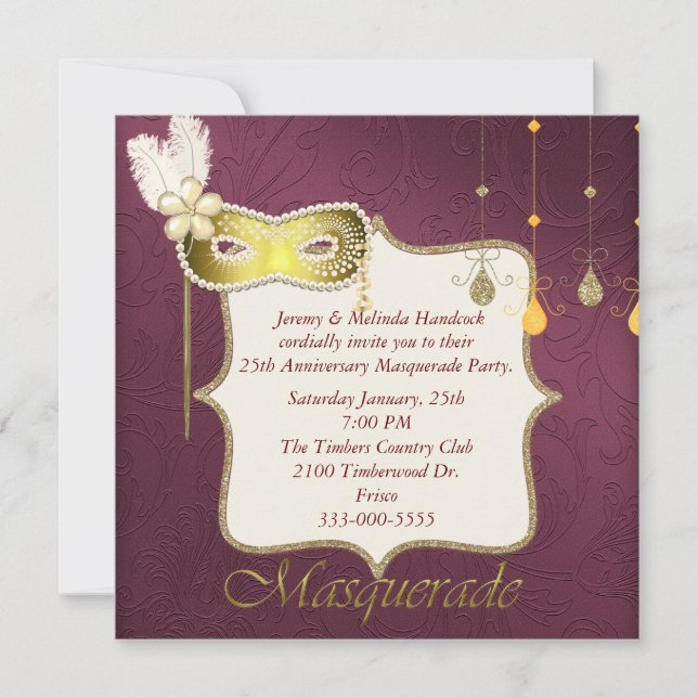Elegante Party Einladung Maroon & Gold Masquerade (Vorderseite)
