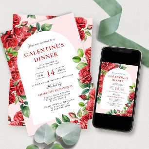 Elegante Party Galentine-Rote Rosen zum Abendessen Einladung
