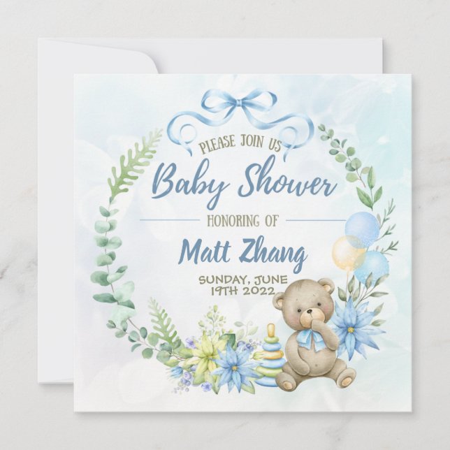 Elegante Pastel Blue and White Baby Shower Einladung (Vorderseite)