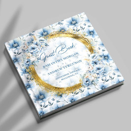 Elegante Pastel Blue Flowers Gold Glitzer Hochzeit Gästebuch