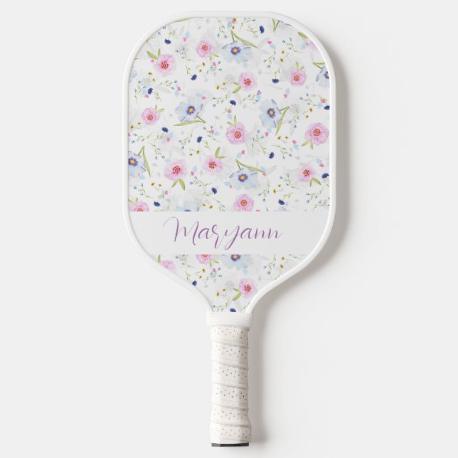 Elegante Pastel Blue Pink Blume Personalisiert Pickleball Schläger (Vorderseite)